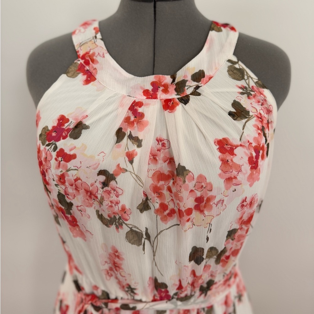 Calvin Klein Floral Midi Dress Cream & Coral Sleeveless Tie Waist Size 12